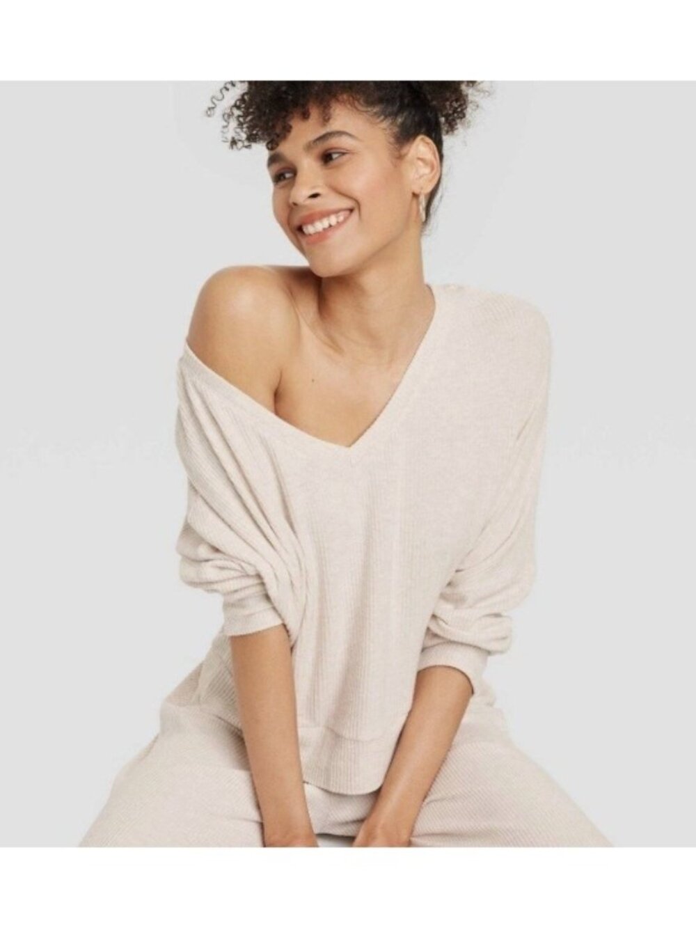 Auden Women's 1X Plus Size Oatmeal Ribbed Knit Sleepwear Lounge Top SOFT Dolman
